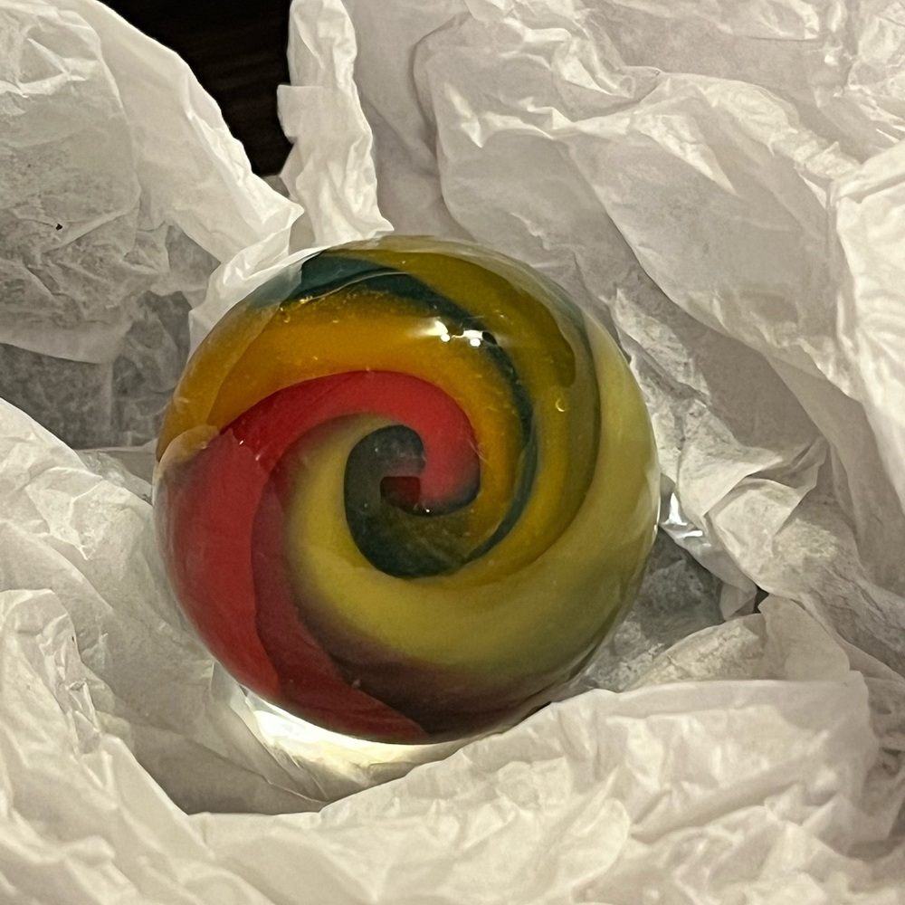 Glass Round Paperweight Marble Rainbow Swirl Handmade Gerbe Glass New in Box
